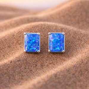 Opal Moissanite 925 Sterling Silver Earrings Blue Natural Emerald Cut Stud 6x8MM